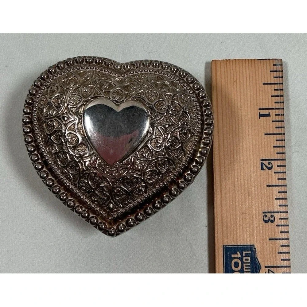 VTG Ornate Heart Shaped Jewelry Trinket Box Silver Tone Blue Velvet Lined 3.25